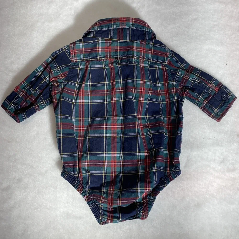 Baby Gap Plaid‎ Button Down Bodysuit 0-3 Months Navy Green Red Tartan Cotton